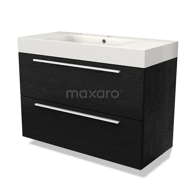 Zwart badkamermeubel met modern design, twee lades en een witte wastafel, ideaal voor stijlvolle badkameropslag.