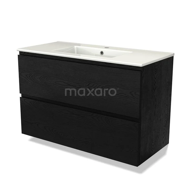 Zwart houten badkamermeubel met twee lades en witte wastafel, strak design, ideaal voor moderne badkamers.