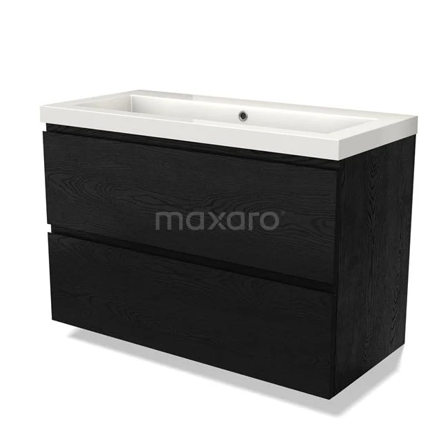 Schwarze Badmöbelset mit zwei Schubladen, keramischem Waschbecken und modernem Design, ideal für stilvolle Badezimmergestaltungen.