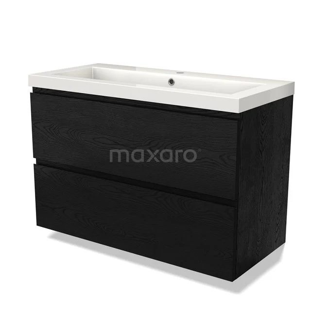 Schwarz Holz Badmöbel mit zwei Schubladen und Waschbecken aus weißer Keramik, modernes Design für stilvolle Badezimmerinrichtung.