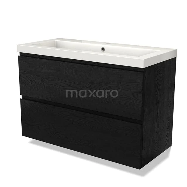 Waschtisch mit Unterschrank BMW17-04326 Schwarz Holz Badmöbel mit zwei Schubladen und Waschbecken aus weißer Keramik, modernes Design für stilvolle Badezimmerinrichtung.