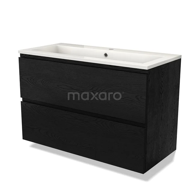 Black bathroom furniture set with two drawers and white ceramic basin, modern design in dark wood grain finish.