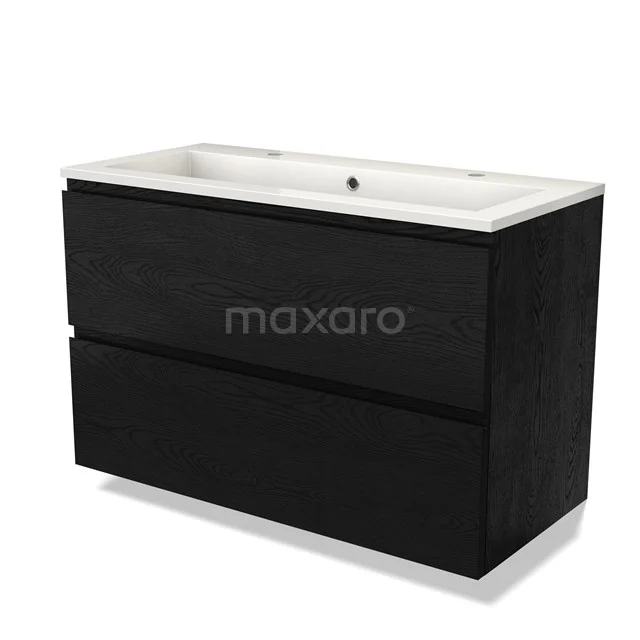 Black wooden bathroom cabinet with basin, modern design, 2 wide drawers, ideal for stylish bathroom storage.
