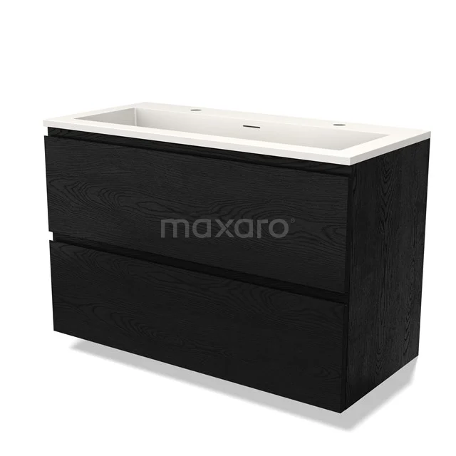 Zwarte houten badkamermeubel met twee lades en witte keramische wastafel, ideaal voor moderne badkamers.