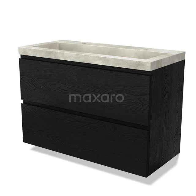 Zwart houten badkamermeubel met twee lades en lichtgrijs betonnen wastafelblad, modern en strak design.