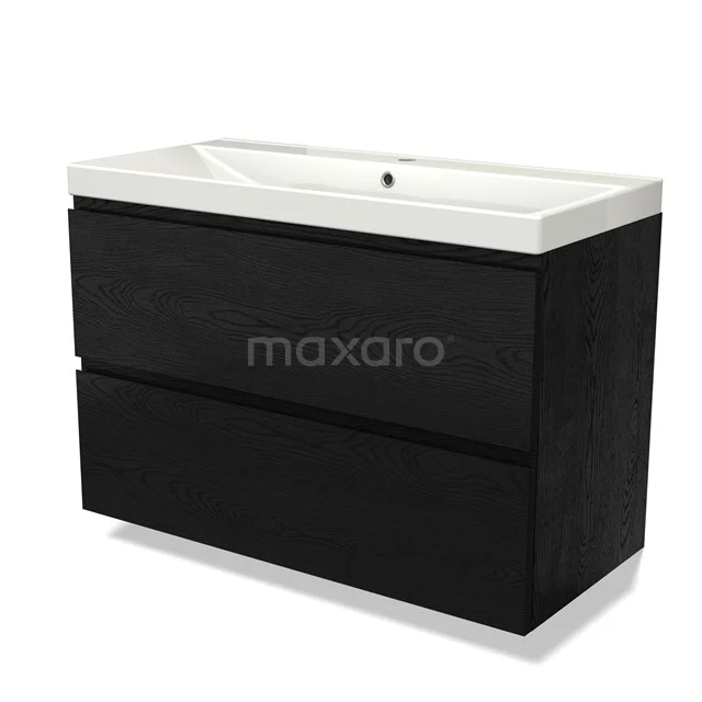 Black wooden bathroom unit with two drawers and a white ceramic sink, modern design from the luxury bathroom collection.