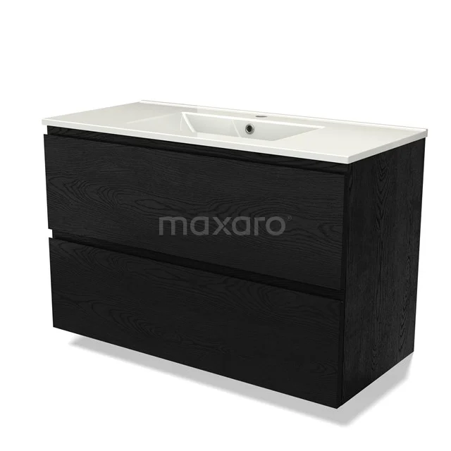Zwart houten badkamermeubel met twee lades en wit keramisch wastafelblad, modern design geschikt voor stijlvolle badkamers.