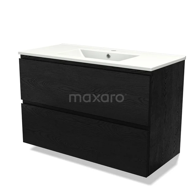Zwarte badkamermeubelset met twee lades, hoogwaardig hout en witte wastafel; moderne stijl voor elke badkamer.