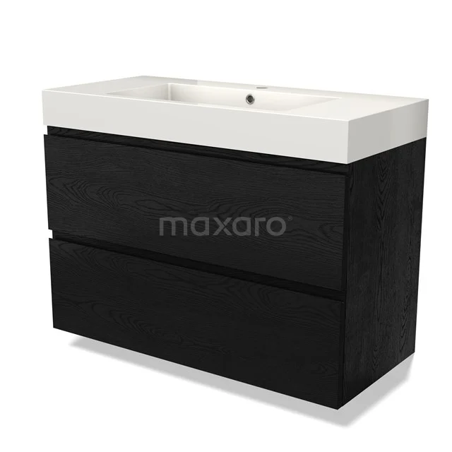 Zwart houten badkamermeubel met twee lades en witte keramische wastafel, modern design uit de Luxa-serie.