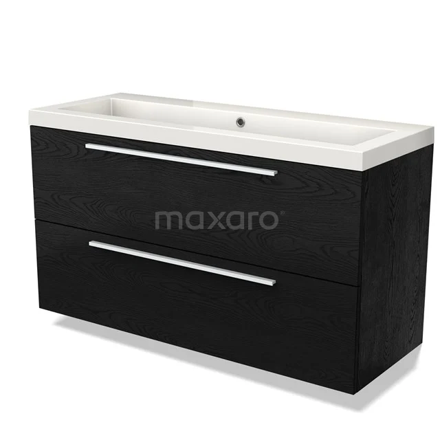 Black wooden bathroom unit with two drawers, wide ceramic vanity units with basin and sleek design, ideal for a modern bathroom.