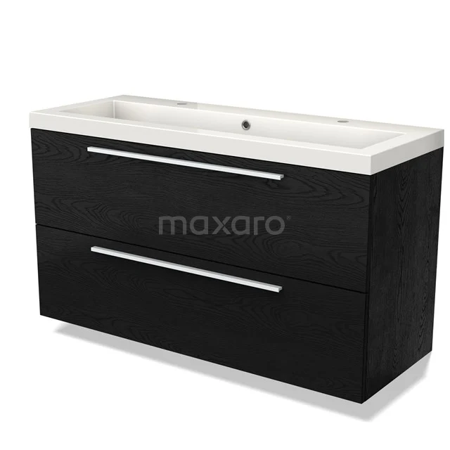 Black chrome bathroom unit with vanity units with basin, chrome handles and modern sleek design.