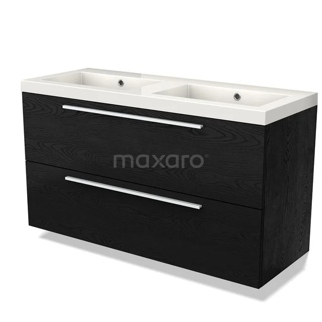 Dubbele wastafel met matzwarte houten onderkast, geïntegreerde lades en chromen handgrepen, perfect voor een moderne badkamer.