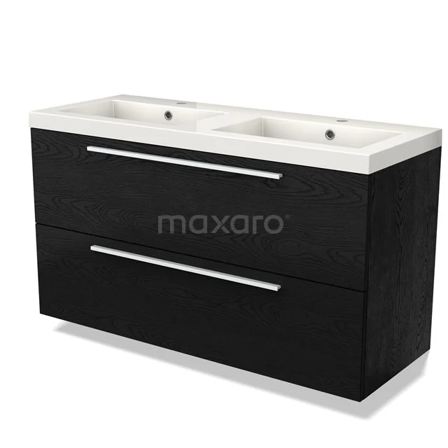 Zwarte badkamermeubel met dubbele wastafel, strak design, twee lades en chromen handgrepen, ideaal voor moderne badkamers.