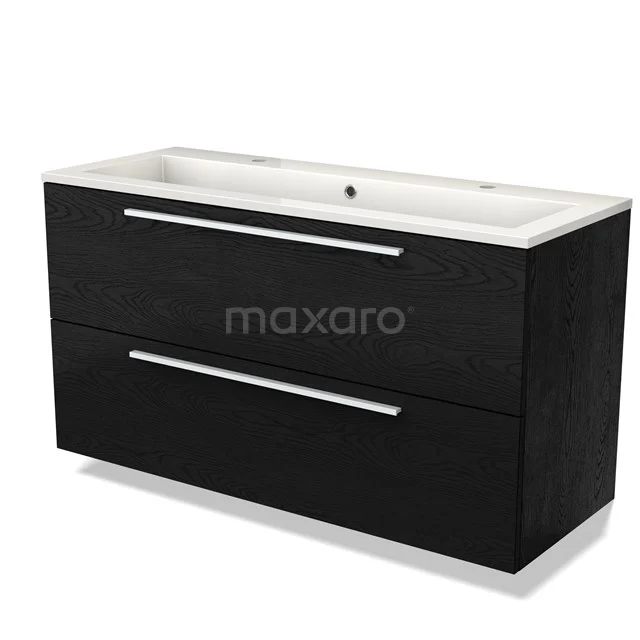 Black wooden bathroom unit with two drawers and a white ceramic basin worktop, perfect for a modern bathroom style.