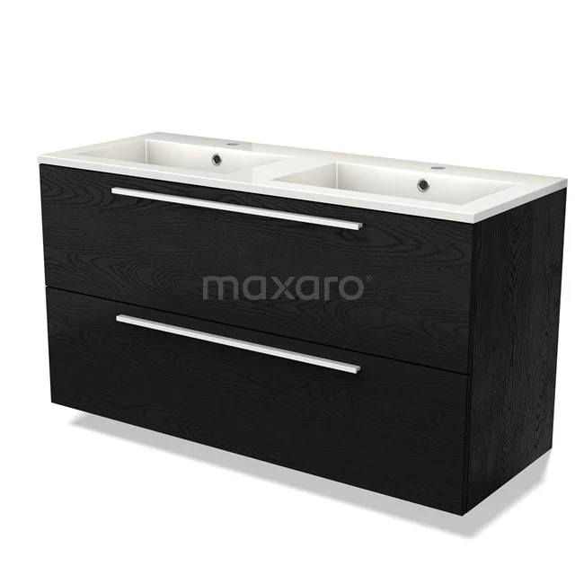 Zwart houten badkamermeubel met dubbele wastafel, moderne uitstraling, ideaal voor ruime badkamerinrichting.