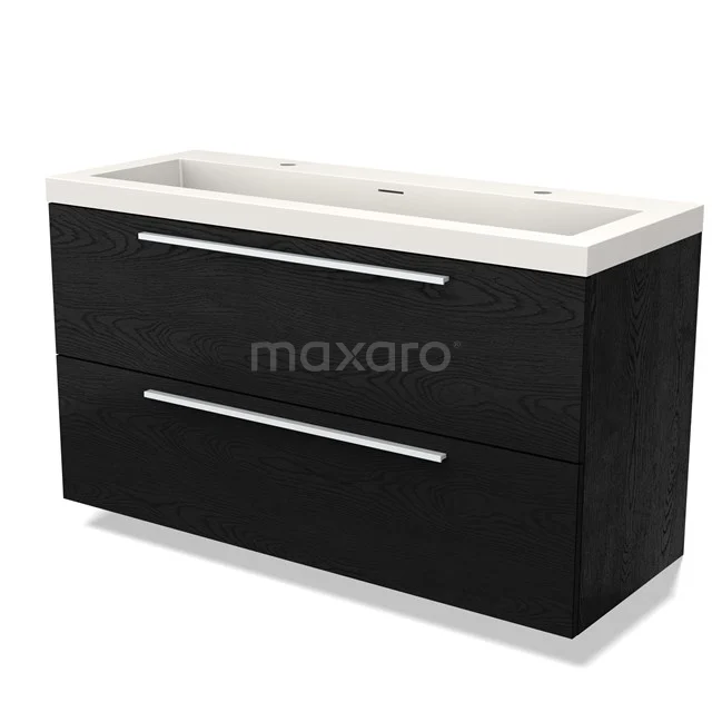 Black washbasin set with double drawers, sleek design, white ceramic basin, ideal for modern bathroom interiors.