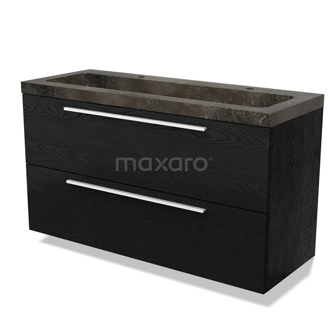 Black vanity set with two drawers, modern design, wood grain pattern and integrated basin, ideal for any bathroom style.