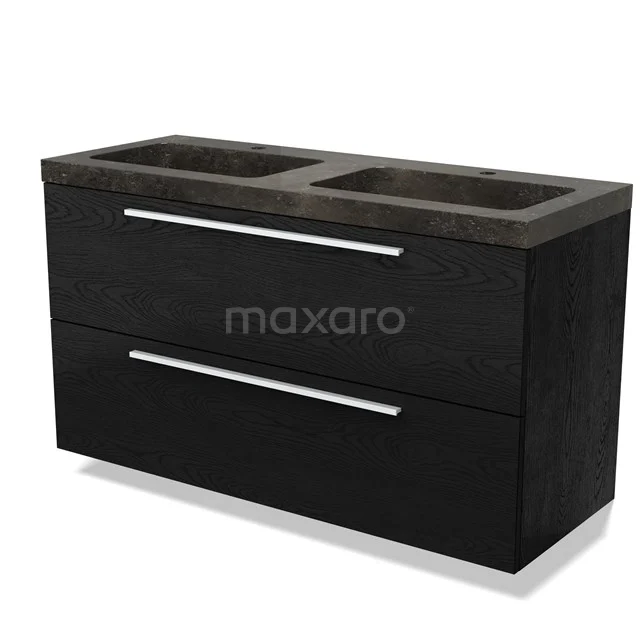 Black wooden double basin base unit with sleek silver handles, ideal as a stylish bathroom unit solution.
