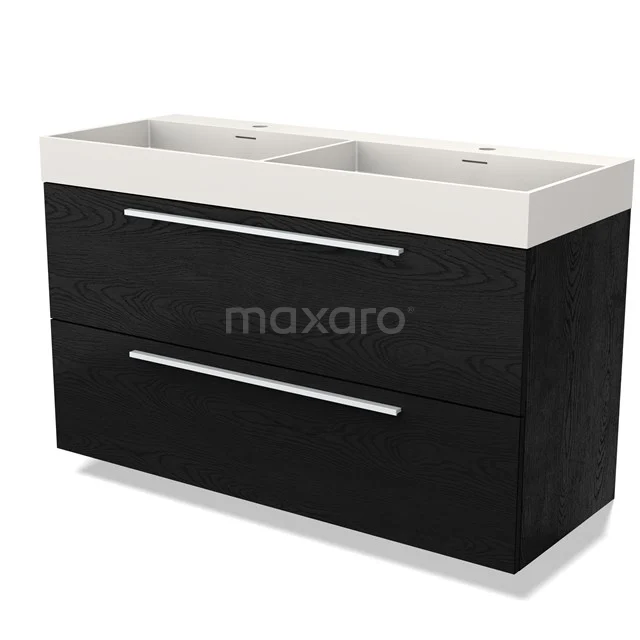 Dubbel wastafelmeubel zwart hout met witte keramische spoelbak, modern design voor luxe badkamer inrichting.