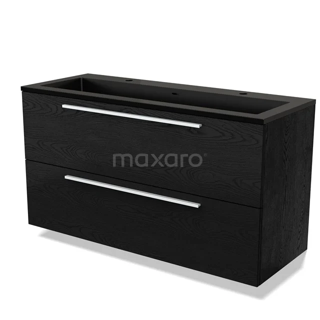 Black wooden bathroom unit with double drawers, slim aluminium handles and modern design to suit any bathroom style.