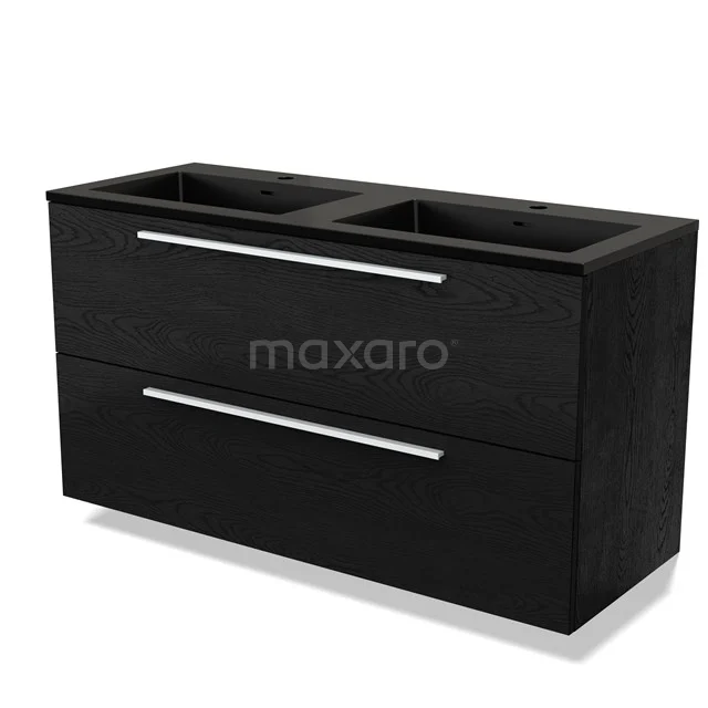 Zwarte houten badkamermeubel met dubbele wastafel en chromen handgrepen, modern design voor een stijlvolle badkamer.