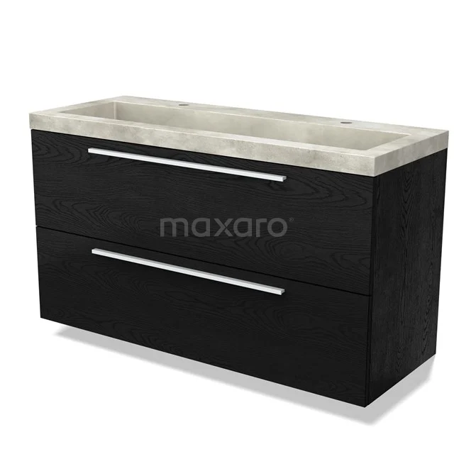 Black vanity unit set with double drawers, modern design, concrete-look basin, ideal for stylish bathroom design.