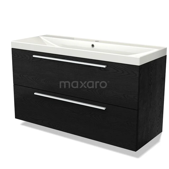 Black wooden bathroom unit with ceramic vanity units with basin and two drawers, ideal for modern bathroom design.