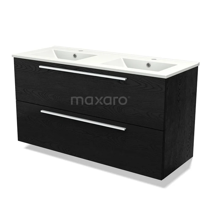Zwart badkamermeubel met twee witte wastafels, moderne uitstraling, dubbele lades met chrome handgreep, ideaal voor elke badkamer.