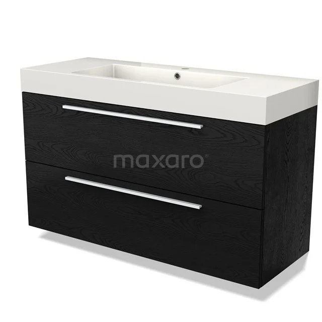 Black oak bathroom unit with white ceramic vanity units with basin and two drawers, modern and stylish design.
