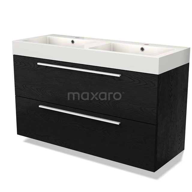 Zwarte badkamermeubelset met dubbele wastafel, moderne uitstraling en metalen handgrepen, ideaal voor badkameropslag.