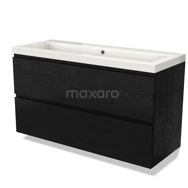 Zwarte houten badkamermeubel met wastafel, modern design, twee ruime lades, ideaal voor een stijlvolle badkamerindeling.