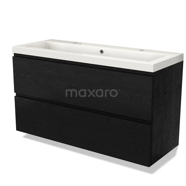 Zwart houten badkamermeubel met dubbele lades en witte keramische wastafel, modern design voor stijlvolle badkamers.