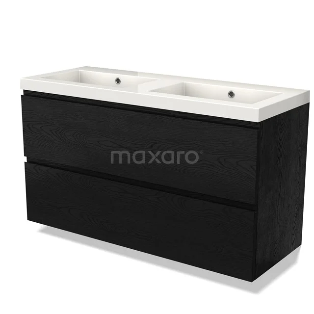 Zwart eikenhouten badkamermeubel met dubbele wastafel, modern design, ideaal voor stijlvolle badkamerinrichting.