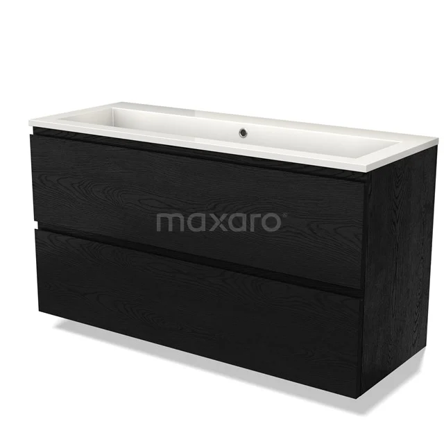 Zwarte houten badkamermeubel met twee lades en wit keramieken wastafel, strak design voor moderne badkamers.