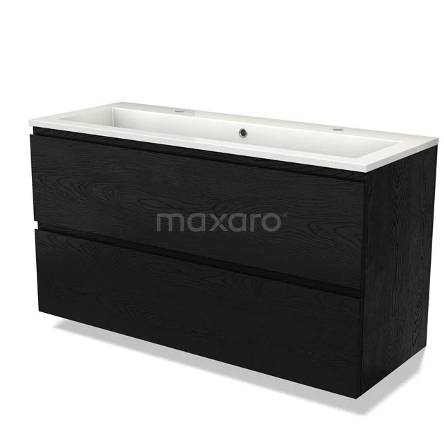 Black wooden bathroom cabinet with two drawers and white ceramic basin, modern design and suitable for spacious bathrooms.