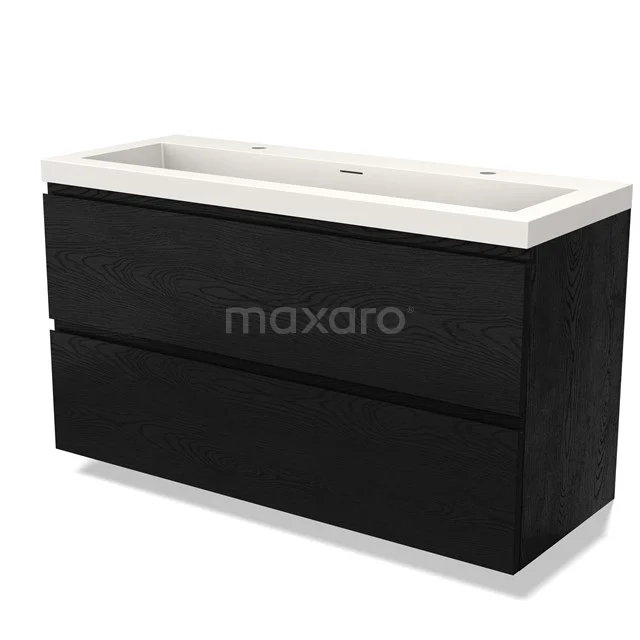 Black wooden bathroom unit with white ceramic sink, two-drawer design, modern and sleek for stylish bathroom spaces.