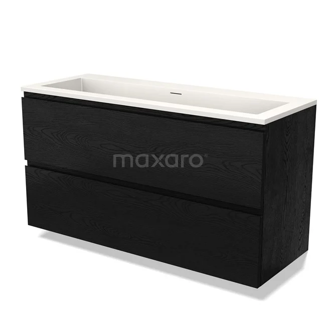 Zwart eikenhouten badkamermeubel met twee lades en een wit keramische wastafel, modern design uit de luxe AquaLine-serie.
