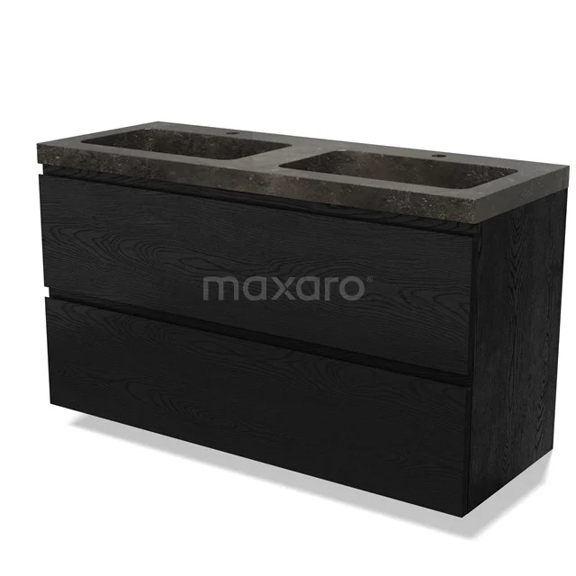 Black wooden double vanity unit with concrete-look sink, ideal for a modern bathroom interior.