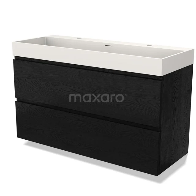 Schwarze Badmöbelset mit Waschbecken, modernes Design, zwei Schubladen, aus nachhaltigem Holzmix gefertigt, perfekt für ein elegantes Badezimmer.