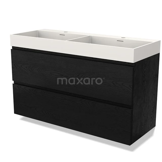 Black wooden bathroom unit with vanity units with basin in white, sleek design, ideal for a modern bathroom design.