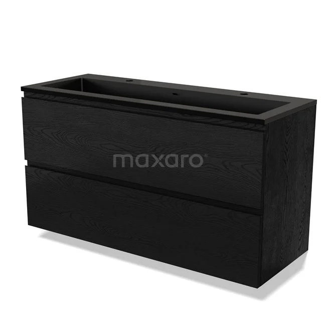 Zwarte houten badkamermeubel met twee lades, strak design en ruime opbergmogelijkheden voor een moderne badkamer.