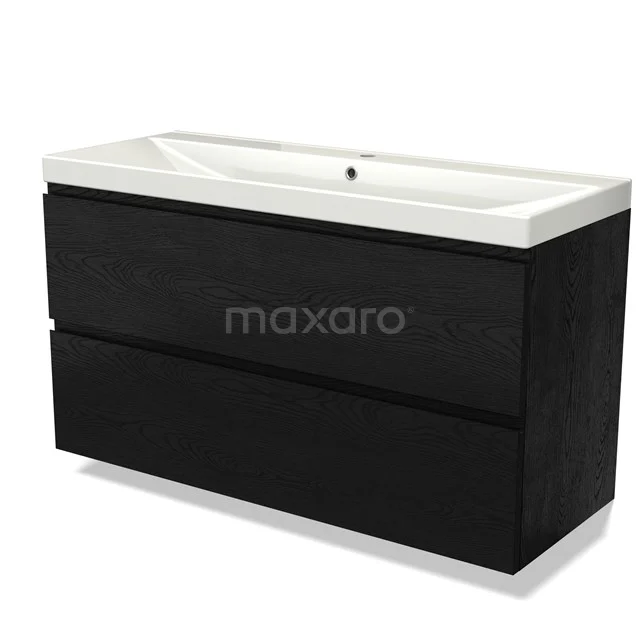 Zwart houten wastafelmeubel met twee lades, witte keramische wasbak en strak design, ideaal voor moderne badkamers.