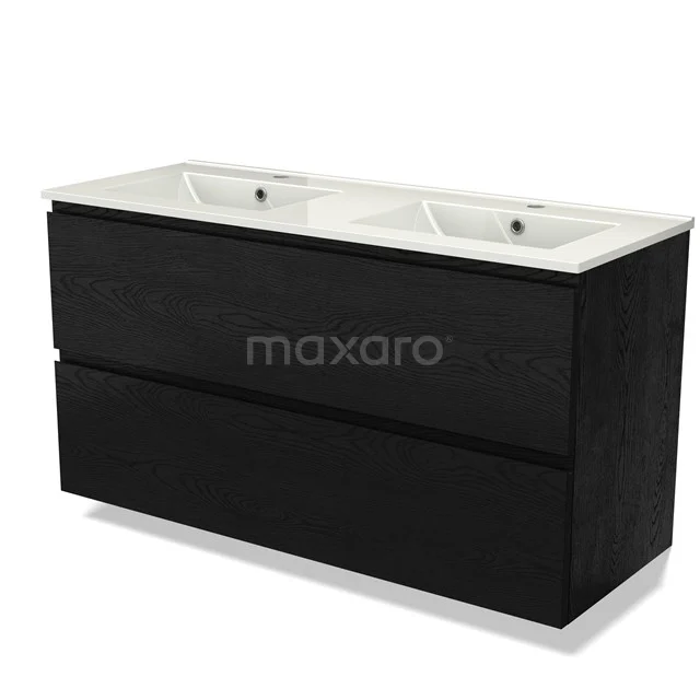 Brede zwarte badkamerkast met dubbele wastafel, modern design en gladde ladefronten, ideaal voor stijlvolle badkameropslag.