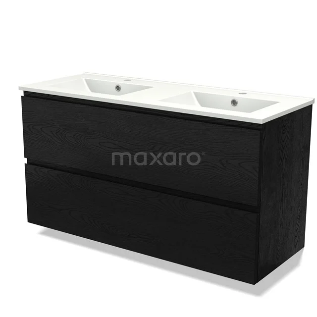 Zwart badkamermeubel met dubbele wastafel, strak design, houtlook, ideaal voor stijlvolle en moderne badkamers.