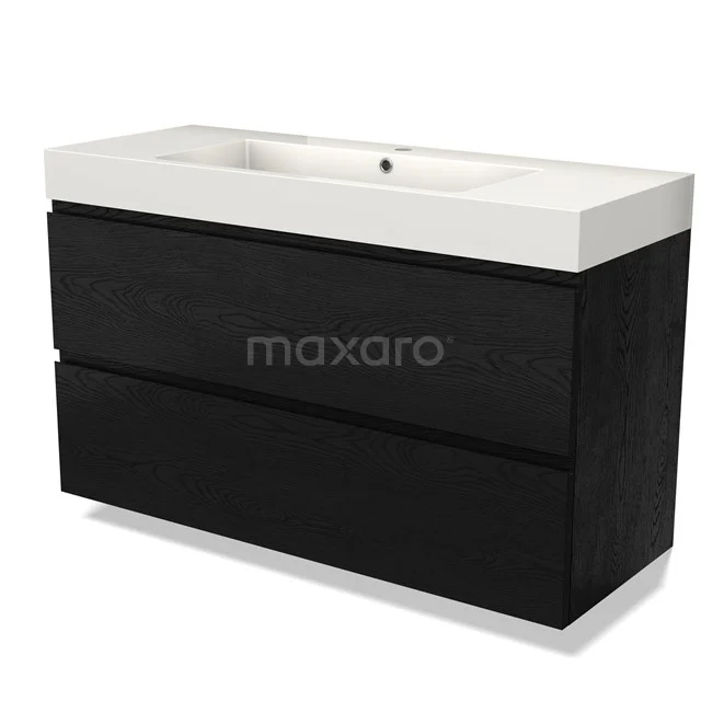 Black wooden bathroom unit with a white ceramic basin, two-piece design for modern bathrooms.