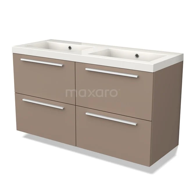 Bruin dubbel wastafelmeubel met vier lades, metalen grepen en witte keramische wastafel, ideaal voor moderne badkamers.
