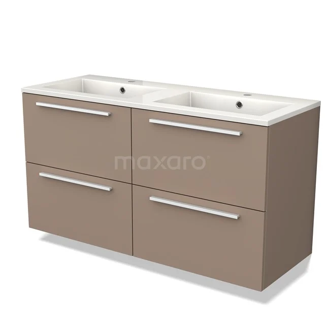 Bruine dubbele wastafelonderkast met modern design, vier lades en witte keramische wasbak, ideaal voor badkameropslag.