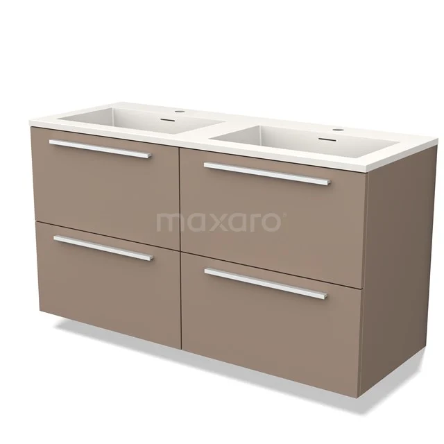 Bruine badmeubelset met dubbele wastafel, vier lades en strakke handgrepen, ideaal voor moderne badkamerinrichting.