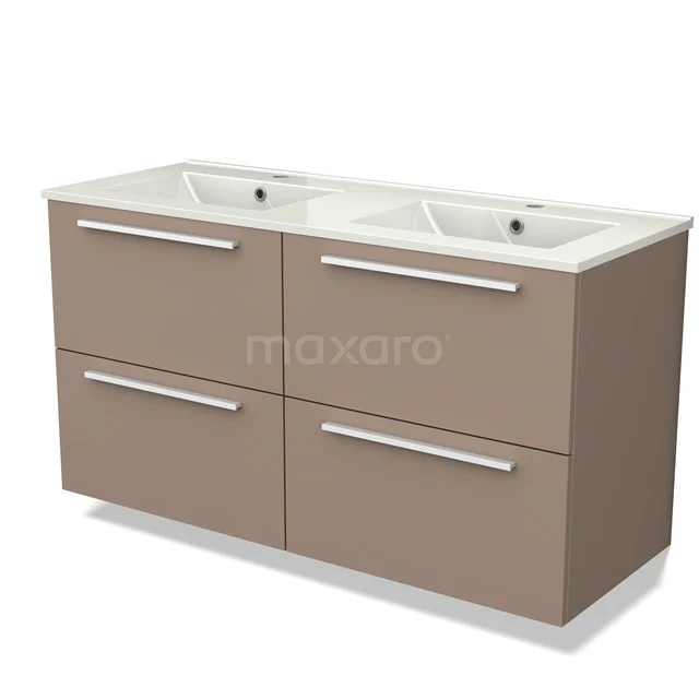 Brown double basin vanity unit with four drawers and white basin, perfect for a modern bathroom.