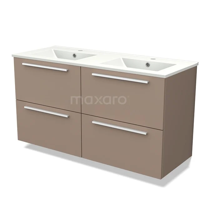 Taupe Doppelwaschbeckenmöbel mit 4 Schubladen, modernes Design, ideal für stilvolle Badezimmeraufbewahrung.